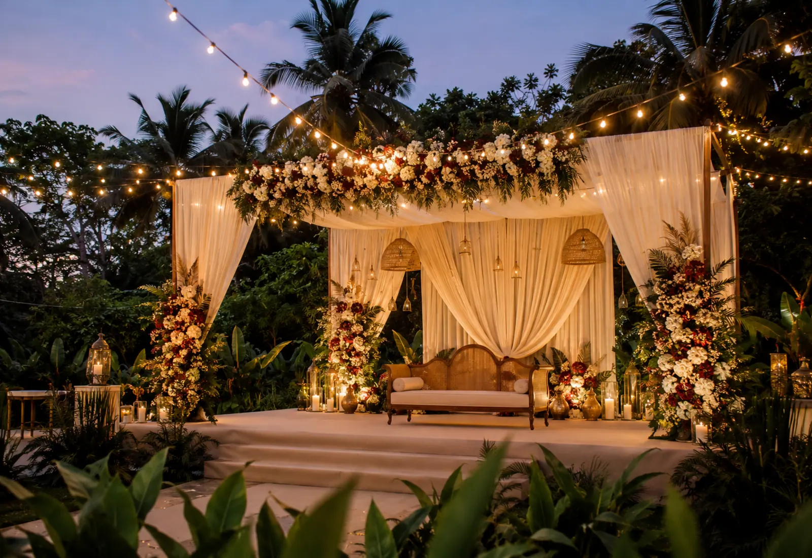 Cream draped floral celebration stage styled by Cosy Events in Varkala, Kerala